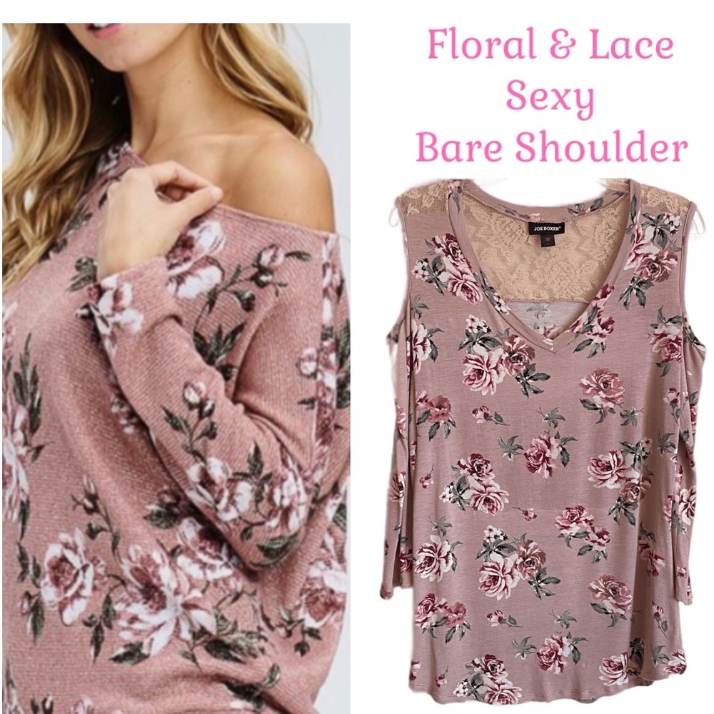 Delicate Rose Floral Blouse Lace Back Sexy Bare Cold Shoulder Flower Tunic